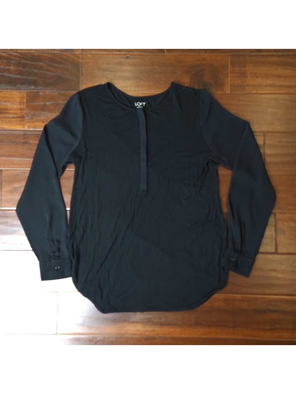 LOFT Women's Black Blouse Sheer Sleeves Button Front Split Rounded Hem Size Med